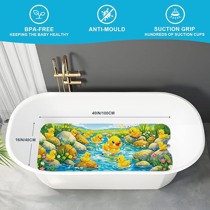 XIYUNTE Baby Bath Mat for Tub Non Slip Kids, BPA Free Extra Long Bathtub Mat 40x16 with Drain Holes and 200 Suction Cups, Non Toxic Machine Washable Toddler Bath Mat, Eco-Friendly Certified