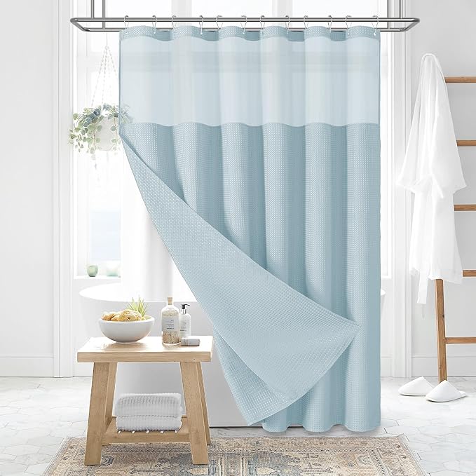 Dynamene Fabric Shower Curtain with Snap in Liner, Fog Blue Waffle Hotel Shower Curtains for Bathroom, Washable Waterproof Cloth Shower Curtain Liner Set with Hook, Mesh Top Window, 72x72, Fog Blue