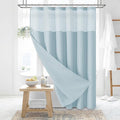 Dynamene Fabric Shower Curtain with Snap in Liner, Fog Blue Waffle Hotel Shower Curtains for Bathroom, Washable Waterproof Cloth Shower Curtain Liner Set with Hook, Mesh Top Window, 72x72, Fog Blue