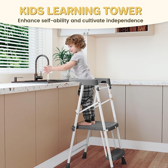 HBTower Kids 2 Steps Step Stool, Toddler Tower with Anti-Drop Safty Railing, Toddler Kitchen Stool Helper for Kitchen Counter Learning Kids Standing Folding Stepper