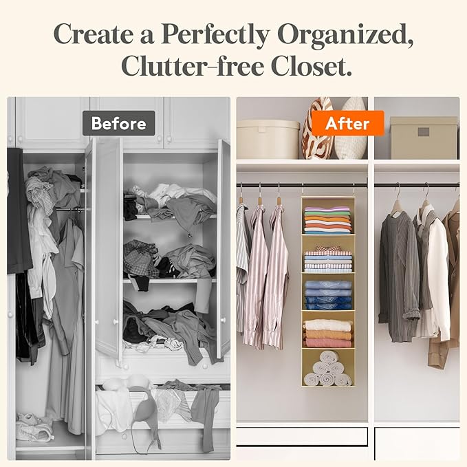 Lifewit 5 Tier Hanging Closet Organizer and Storage for Shelves, Foldable Clothes Shelf with 2 Sturdy Hooks, Sweater/Coat/Shoes Clothing Organization for Wardrobe, Dorm, Bedroom, Beige