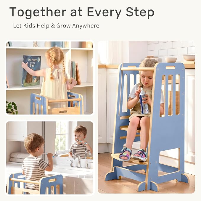 WINGYZ Toddler Tower - Anti-Tip Natural Wood Learning Stool for Kids 18M-6Y, 150lb Capacity Kitchen Stool with 3-Height Adjustable Platform and Sliding Door Access, 20lb Portable Design, Blue