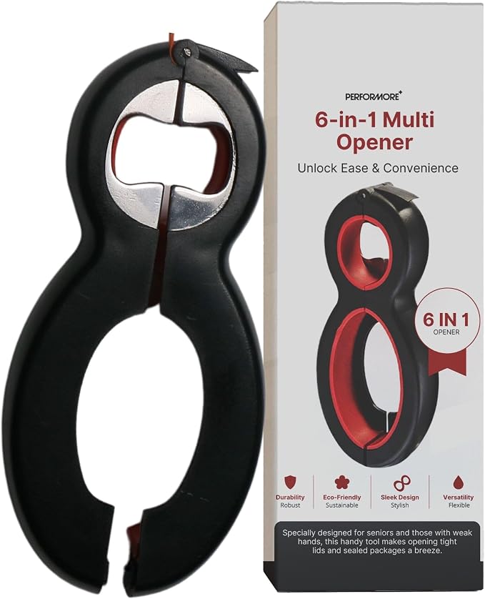 Performore 6 in One Opener - Multi Opener Kitchen Tool - Compact Jar Opener - Bottle and Jar Openers for Seniors - Grip to Open Jars and Bottles