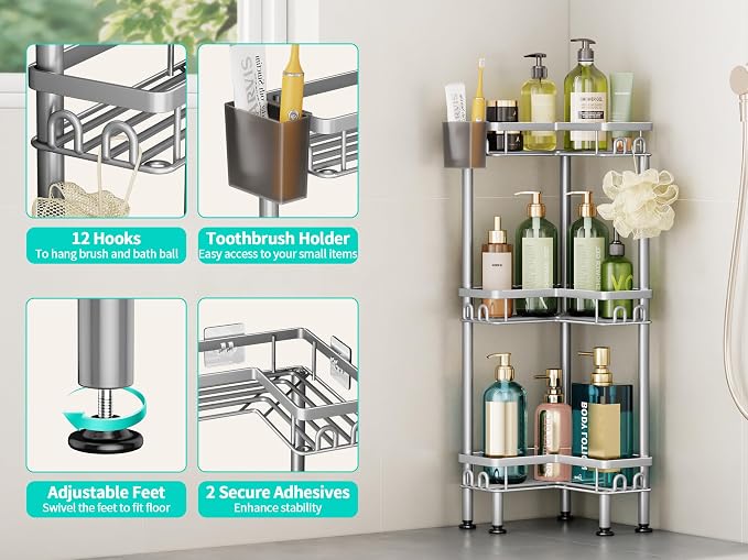 HapiRm Standing Shower Caddy Corner - 3 Tier Corner Shower Organizer with Toothbrush Holder and 12 Hooks, Large Capacity Rustproof Bathroom Shelves for Tall Bottles, Silver