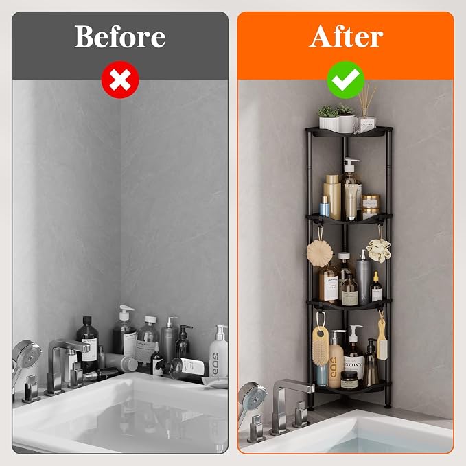 Lifewit Floor Standing Shower Caddy Corner, 4 Tier Plastic Shower Stand Rack with Adjustable Feet and Hooks, Rustproof Bathroom Shelf Organizer, Black, 34 x 24 x 107 cm/13 x 9.5 x 42 inch