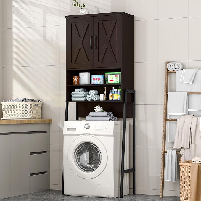 Vabches Over The Toilet Storage Cabinet, Farmhouse Over Toilet Storage Cabinet, Metal Frame with Barn Doors, Home Space-Saving Toilet Rack for Bathroom, Toilet, Laundry Room