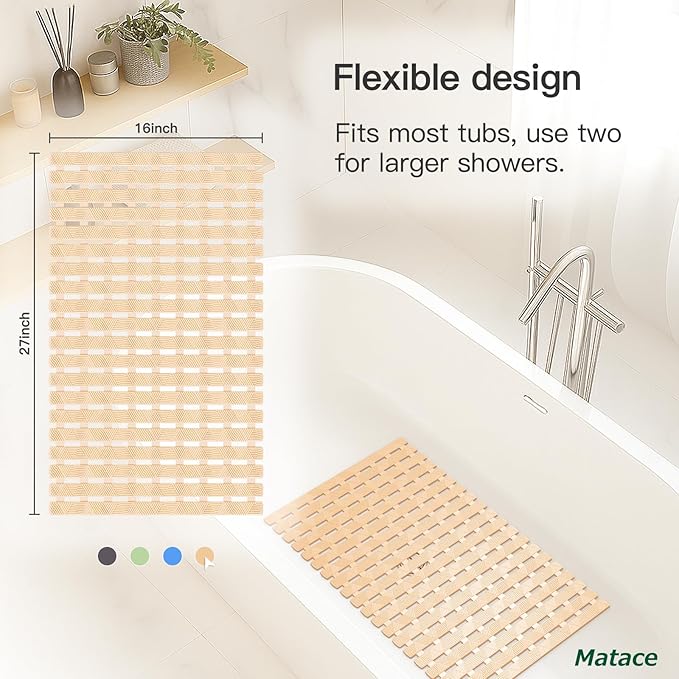 Bathtub Mat Non Slip - for Inside Bath Tub & Shower, Small 27x16 Inch, 180 Strong Suction Cups, Soft Textured Surface, Fast Drain & Quick Dry, Bathroom Safety Mat, Beige, Matace