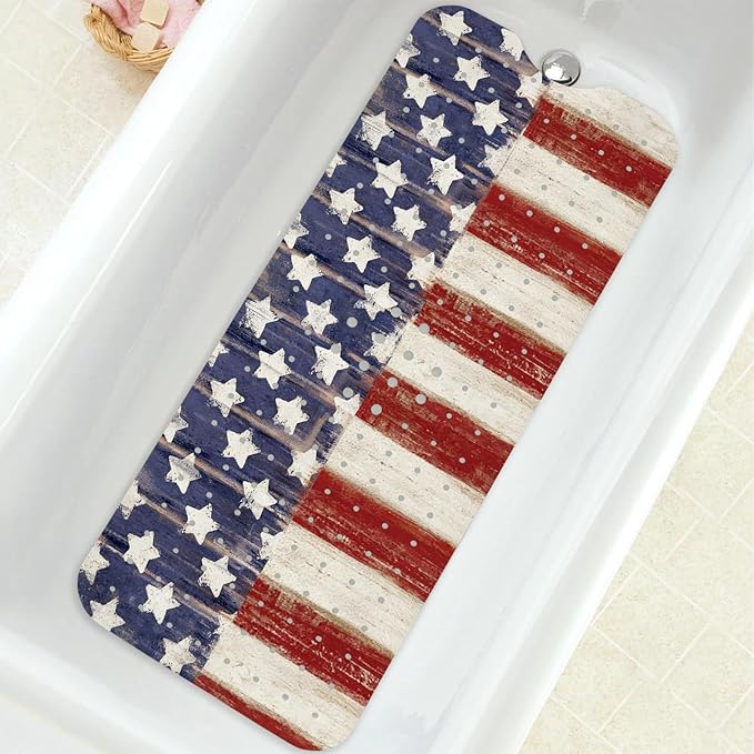 Bathtub Mat Non Slip, American Flag Extra Long Bath tub Mat Shower Floor Mat with Suction Cups and Drain Holes for Adults Kids Elderly 40 X 16 Inch