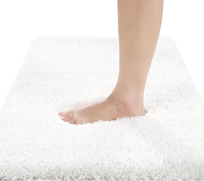 Yimobra Fluffy Plush Bath Rug, Super Shaggy Soft Comfortable Non Slip, Water Absorbent Microfiber Bath Mat, Dries Quickly, Machine Washable Thick Bathroom Rugs for Shower, 56" X 24", Off White