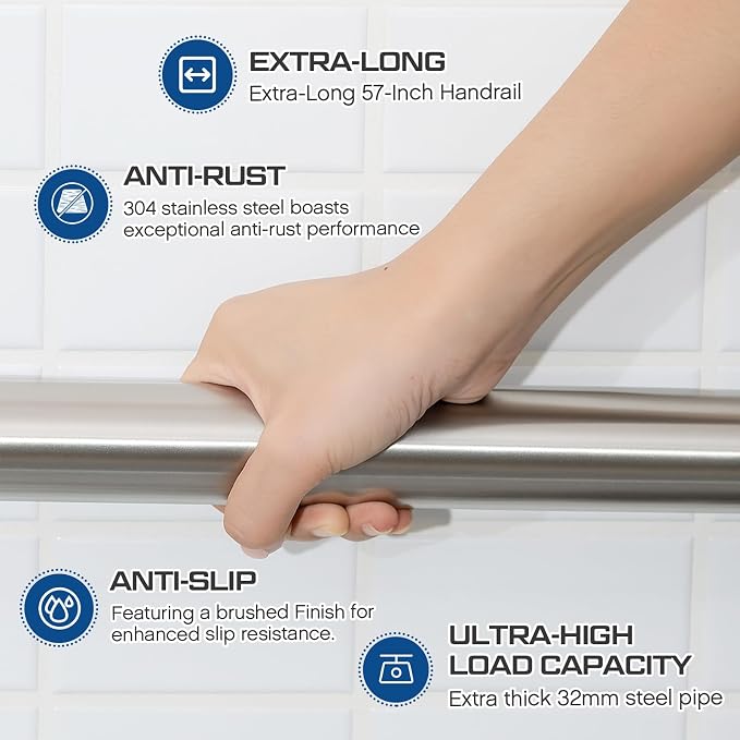 Zonon 1 Pcs 57 Inch Grab Bar for Bathroom Shower Toilet Bathtub, Stainless Steel Extra Long Safety Grab Bar for Elderly, Heavy Duty Shower Support Handle for Seniors Handicapped (Modern,Silver)