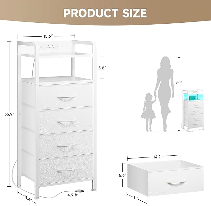 Lazzanto Night Stand Bedside Charger Bedroom - Nightstand with Charging Station, 2 U-S-B Ports & 2 AC Outlets, Tall Bed Side Table with LED Light Strip, Storage Shelf & 4 Fabric Drawers, White