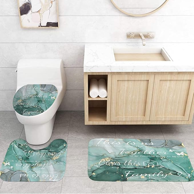 4Pcs Family Marble Shower Curtain Sets with Rugs,Green Home Inspirational Bathroom Decor Set, Bathroom Sets with Shower Curtain and Rugs, Waterproof Bathroom Shower Curtains, with 12 Hooks