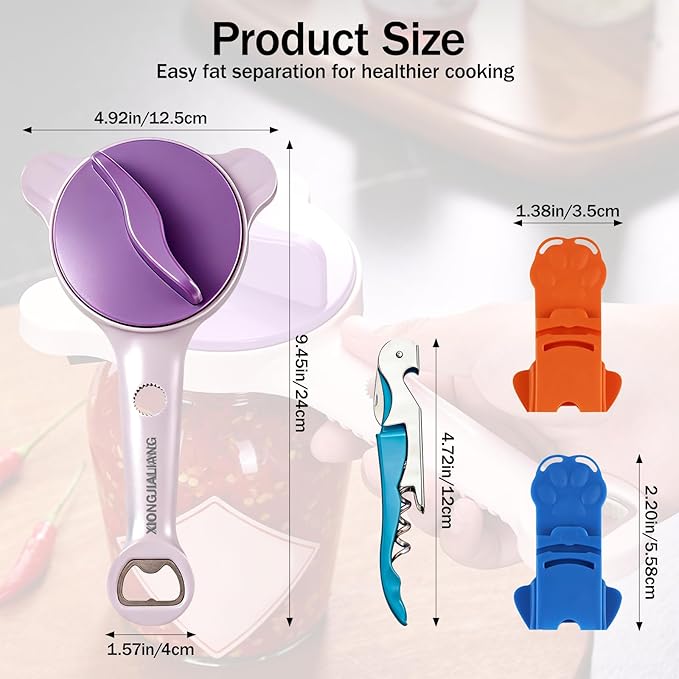 Adjustable Jar Opener for Weak Hands, 4-in-1 Multi-Function Manual Bottle Opener and Corkscrew Set for Seniors with Arthritis, Universal Lid Gripper Kitchen Gadget for All Jar Sizes(purple)