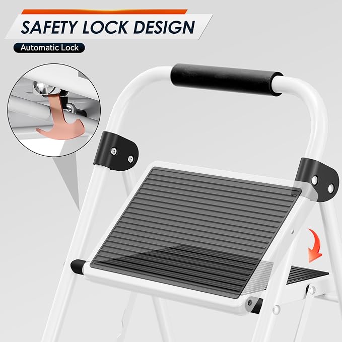Urackify Step Ladder, 3 Step Ladder with Anti-Slip and Wide Pedal, Portable Foldable Step Stool with Handgrip, Sturdy Step Ladder for Home Kitchen Household, White