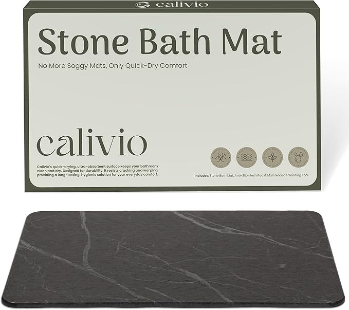 Quick Dry Shower Stone Bath Mat, Super Absorbent & Non-Slip 24 x 16 Inch Diatomaceous Earth Mat, Durable & Easy to Clean Diatomite Bath Mat for Bathroom Floor/Kitchen (Charcoal)