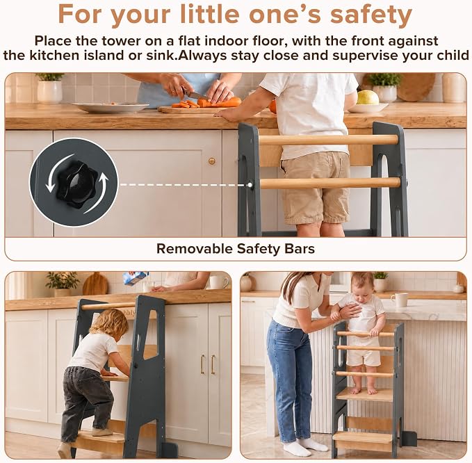 EHHLY Toddler Standing Tower Kitchen Helper – Extra Safe Adjustable 3-Level Learning Tower, Stable Wooden Toddler Kitchen Stool and Step Stool for Independent Learning (Gray)