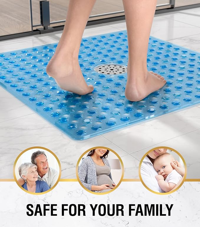 HITSLAM Non Slip Shower Stall Mat with Center Drain Hole, Diamond Textured PVC Bath Mat for Inside Shower, Machine Washable, Strong Suction Cups for Bathroom Bathtub Mat, 24x24 Inch, Blue