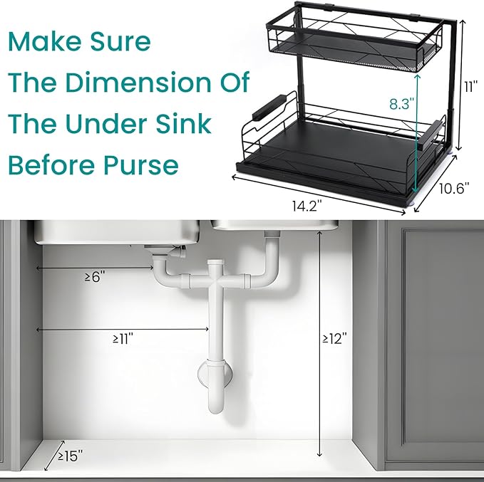 Pull Out Under Sink Organizer, 2 Tier Under Sink Storage with Suction Cups, PVC Mat, Sliding Drawer, Metal Cleaning Supplies Shelf Cabinet Organizer for Kitchen, Laundry, Pantry, Bathroom