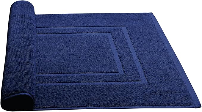 Feather & Stitch 2 Piece Towel Like Bath Mats (30x21 Inch) 100% Cotton Terry Bath Mats, Bathroom Shower Floor Mats [NOT A Bathroom Rug], Soft Absorbent Washable Mats - Navy Blue