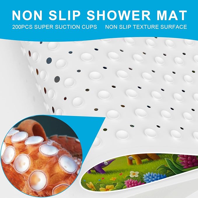 XIYUNTE Baby Bath Mat for Tub Non Slip Kids Bath Mat - 40''x16'' Extra Long Cartoon Turtle Baby Bath Tub Mat Eco-Friendly Toddler Bath Mats with Suction Cups & Drain Holes, Easy to Clean & Easy Drying