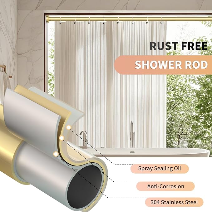 Gold Shower Curtain Rod 34-96 Inches(2.8-8ft) Never Rust Adjustable Shower Rod Spring Tension Non Slip No Drilling Shower Rods for Bathroom Garland Window