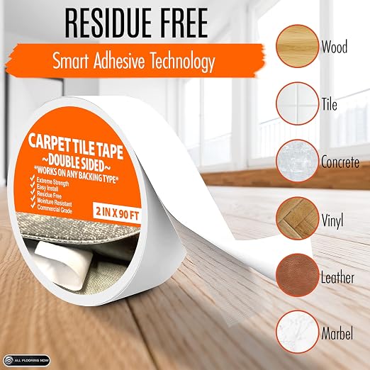 Carpet Tile Tape Double Sided 4in x 90ft (3 Pack) Heavy Duty Reinforced Web Mesh Residue Free - Indoor Outdoor for Carpet Tiles, Hardwood, Vinyl, Rugs, Carpet, Rubber & Mat Gripper