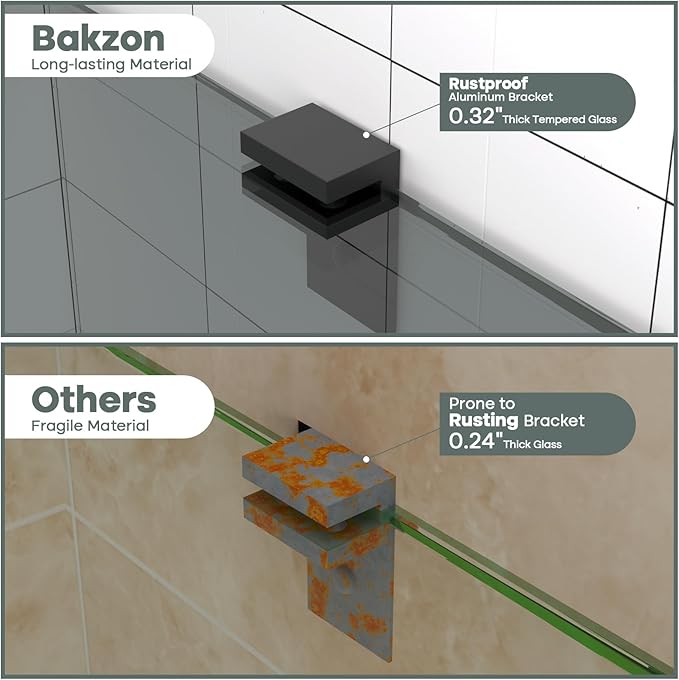 Bakzon 2-Pack Glass Shelf Shower Caddie, Shower Shelves for Inside Shower, Drilling Free Adhesive Wall Mounted Bathroom Organizer Shelves with Aluminium Brackets, Black