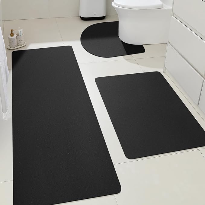ACCUMTEK Non Slip Bath Mat, Thin Bathroom Rugs Fit Under Door, Quick Dry Bath Mats, Machine Washable Bath Rugs for Bathroom, Bathtub & Kitchen, Bathtub, Black/Solid/3 Piece