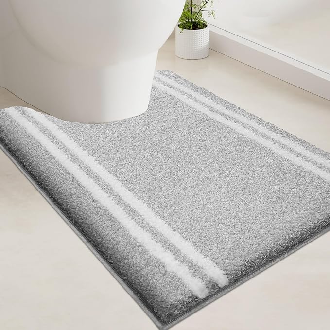 PURRUGS Bathroom Rug Non-Slip Machine Washable 20" x 24" U-Shaped, Super Absorbent and Quick Dry Shaggy Microfiber Bath Mat, Extra Soft and Plush Contour Rug for Toilet Base, Light Grey