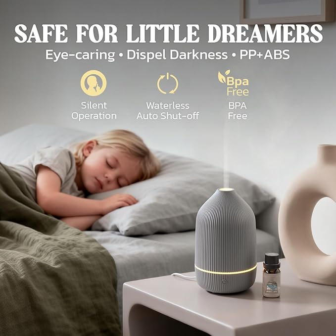 Essential Oil Diffuser, 100ml Aromatherapy Diffuser, Mini Ultrasonic Diffuser for Essential Oil, Home, Office, Cool Mist Humidifier with 7 Led Light, Auto Shut-Off, Grey
