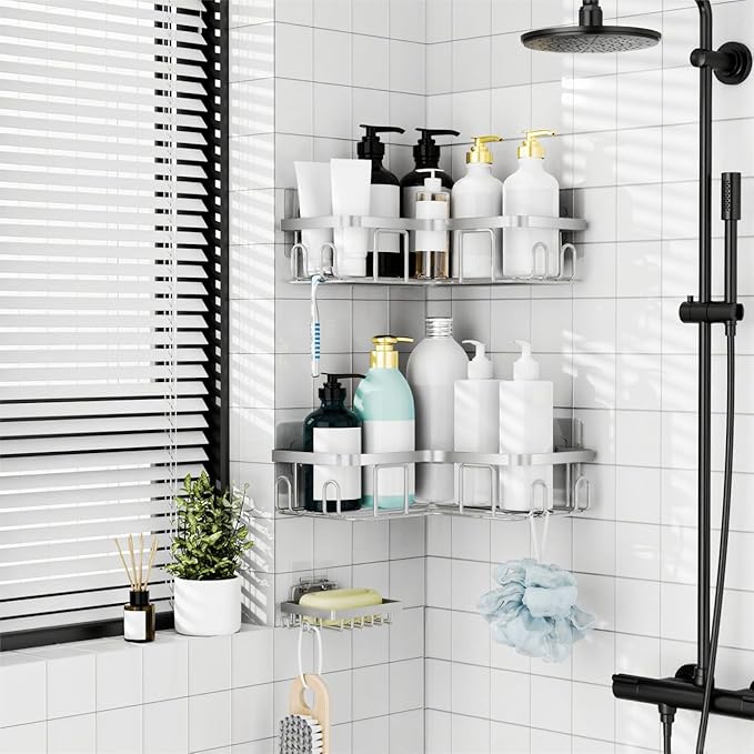 Moforoco Corner Shower Caddy Shelf Organizer Rack, Self Adhesive Black Bathroom Shelves Basket, Home Shower Inside Organization and Storage Decor Rv Accessories, First Apartment Essentials（Silver）
