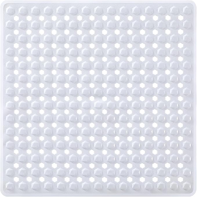 Yimobra Square Shower Floor Mat Non Slip, 21"X21" Machine Washable Bath Tub Mat, Soft on Feet, Bathmat with Drain Holes and Suction Cups, Fast Draining, White