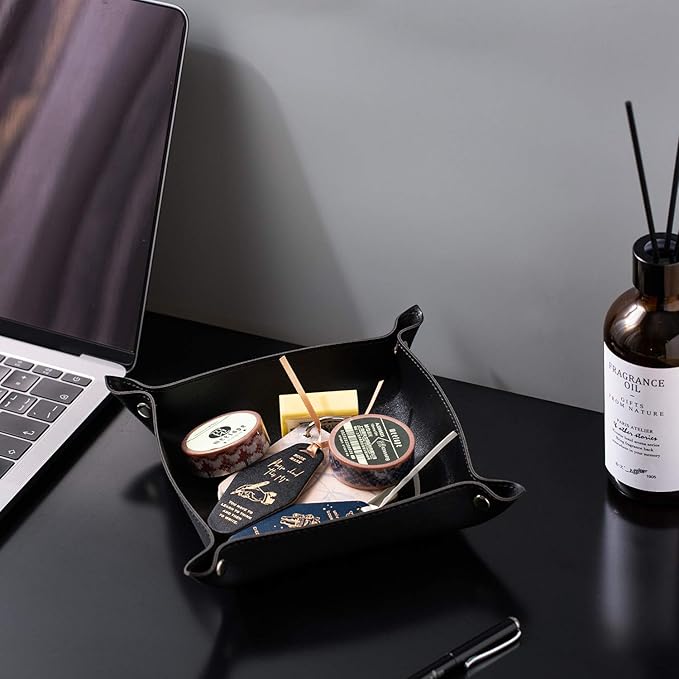 Leather Jewelry Valet Tray for Women and Man, Portable Entryway Table Tray Bedside Nightstand Desk Tray Small Catchall Travel Dish Plate for Key,Wallet,Watch,Coin (Black-B)