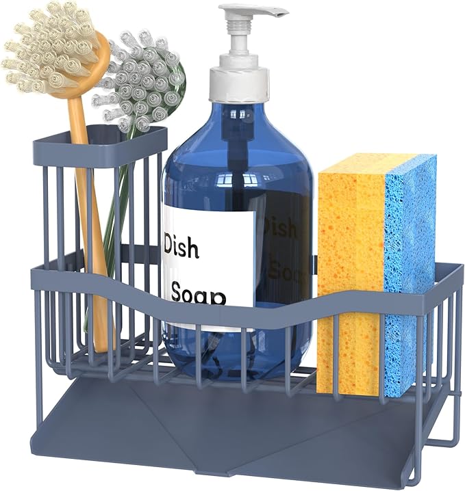 Fssvcd Maifan Sink Caddy Sponge Holder for Kitchen with Brush Holder and Stainless Steel Self Drain Tray, Rustproof Kitchen Sink Organizer for Sponge, Soap Dispenser Storage Accessories Grey Blue