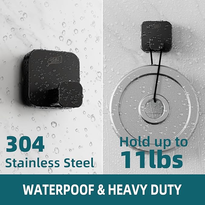 TAILI 304 Stainless Steel Bathroom Suction Hook for Towel, Loofah, Bathrobe, Patented Strong Suction Cup, Damage-Free Hanging Glass Shower Wall Hook, Hold Up to 11 Lbs, 2 Pack, Modern Square, Black