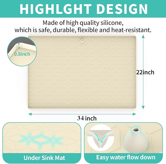 Under Sink Mat for Kitchen Silicone Waterproof Under Sink Liner, Flexible Sink Cabinet Organizer Tray with Drain Hole, Hold up to 3.3 Gallons Liquid, Easy to Clean (Beige, 34X22)