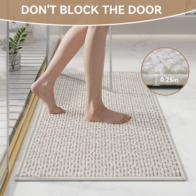 24x36 Extra Soft Chenille Bathroom Rugs - Non Slip Quick Dry Absorbent & Washable Bath Mat, Thin Low Profile Fit Under Door, Shower Mat for Outside Shower Beige