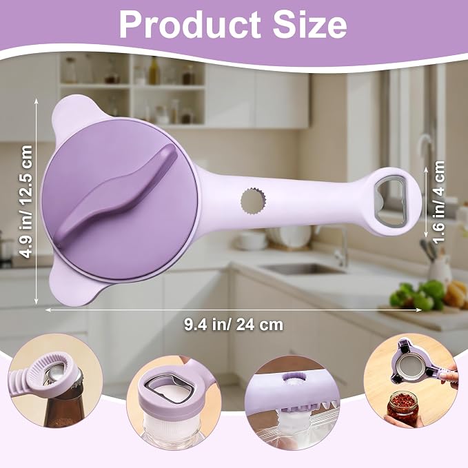 Multi-Functional 4-in-1 Jar Opener, Adjustable Stainless Steel Bottle Opener for Multi Size Jar Bottles with Ergonomic Non-Slip Handle Grip, Kitchen Helper for Seniors Weak Hands Arthritis