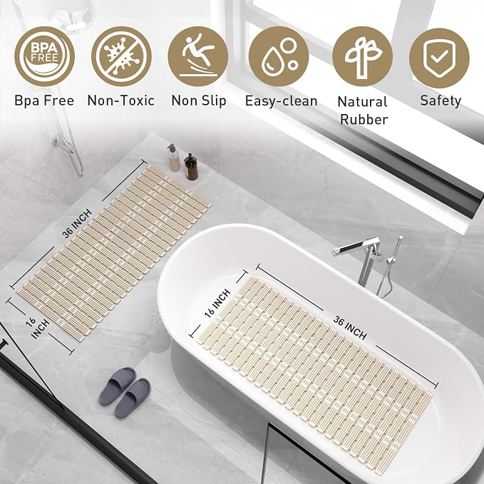 XIYUNTE Shower Mat Non Slip Bath Mat for Tub - 36 x 16 Inch Bathtub Mat Non Slip Shower Mats for Inside Shower, TPE Bath Mat with Suction Cups, Easy to Cut Bath Tub Mat, Brown