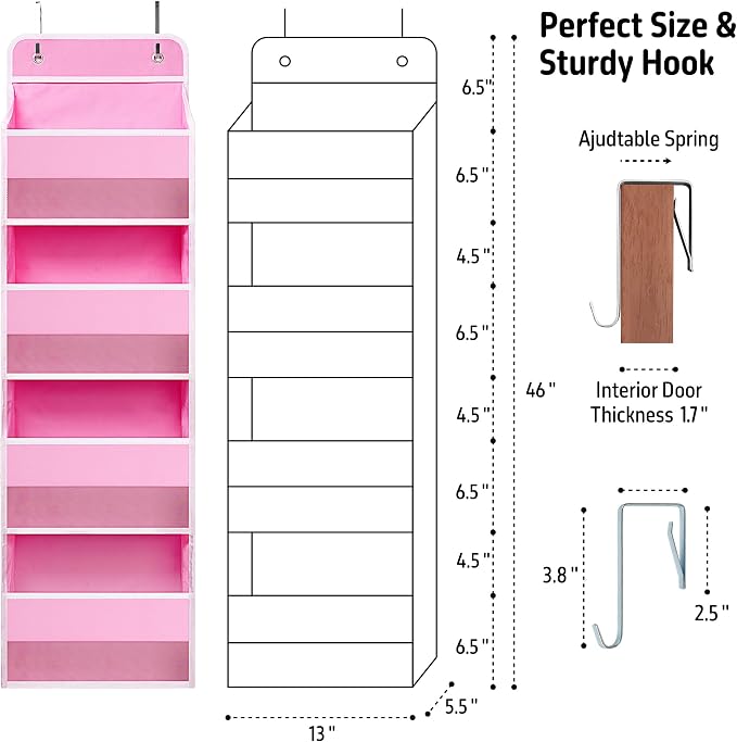 TYMENSH Pink Over Door Organizer with 4 Large Clear Pockets, Hanging Door Storage for Nursery, Bedroom, Bathroom, Closet, Toys, Diapers, Cosmetics, Baby Essentials