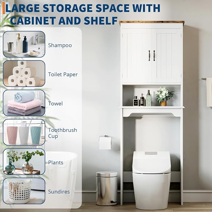 GarveeHome Over The Toilet Storage Cabinet, 66 in H Bathroom Space Saver Organizer with Double Doors & Adjustable Shelves Free Standing Toilet Shelf for Small Bathrooms, Easy Assembly, White