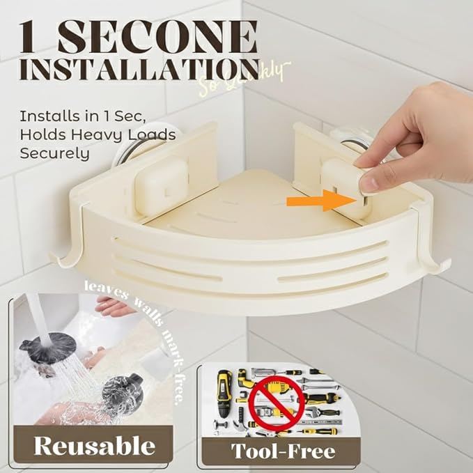 Corner Shower Caddy Suction Cup,Shower Shelves with Hooks,No Drilling Powerful Suction Bathroom Organizers and Storage,Removable Waterproof Rustproof Metal Shower Bathroom Decor (2 Pack-White)