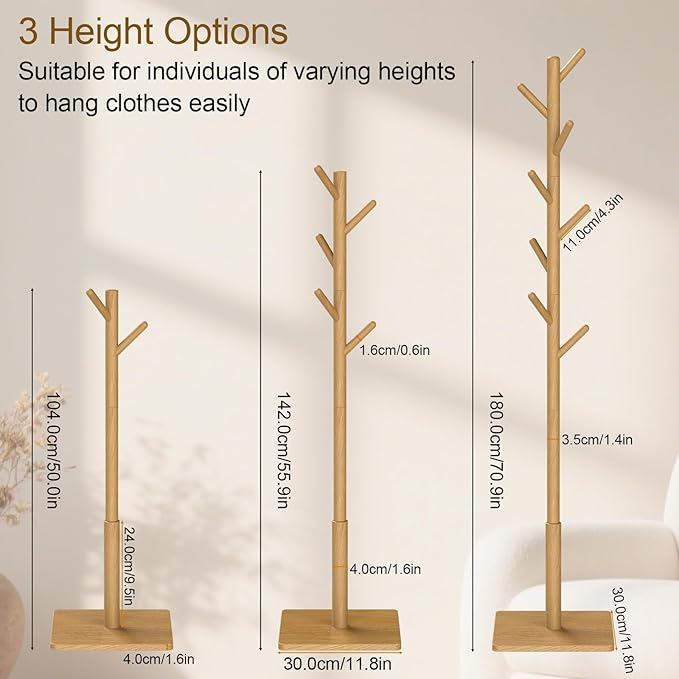 Coat Rack Freestanding with Stable Square Base for Cloathes, Hat, Used in Bedroom, Office and Entryway, Sturdy and Easy Assembly Coat Tree with 3 Adjustable Sizes and 8 Hooks, Natural