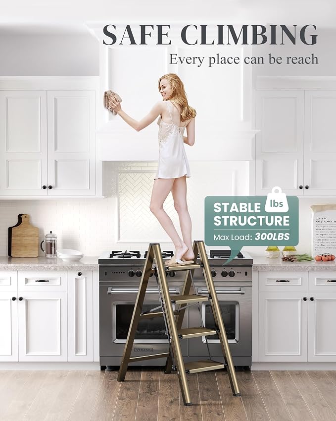 4 Step Ladder, Folding Step Stool with Wider Pedal, Anti-Slip Feet & Non Slip Stripes, Aluminum Sturdy Material, 300Lbs Capacity, Elegant Look of Champagne Gold Better Matches Your Home