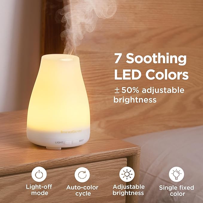 InnoGear Essential Oil Diffuser, Ultrasonic Diffusers for Home Aromatherapy Humidifier for Bedroom Room 7 Colors LED 2 Mist Mode Auto Off, Basic White
