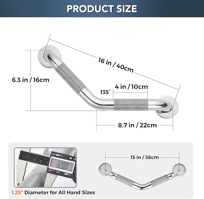Grab Bars for Bathtubs and Showers- 1-1/4 x 16 Angled Shower Grab Bar for Seniors Knurled Stainless Steel Handicap Grab Bars for Wall, 15" Hole Center (Polished Nickel, 1 Pack)
