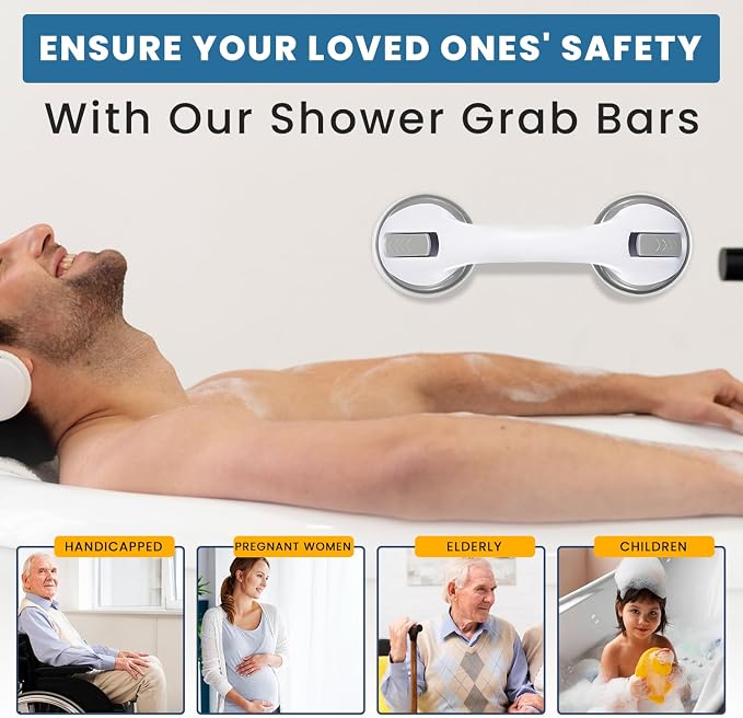 12-Inch Suction Grab Bars for Bathtubs and Showers - 2 Pack Heavy-Duty Bathroom Safety Handles for Seniors and Shower Chairs (Gray/White) Grab Bars can be attached to Tiles, Glass & Hard Plastic ONLY.