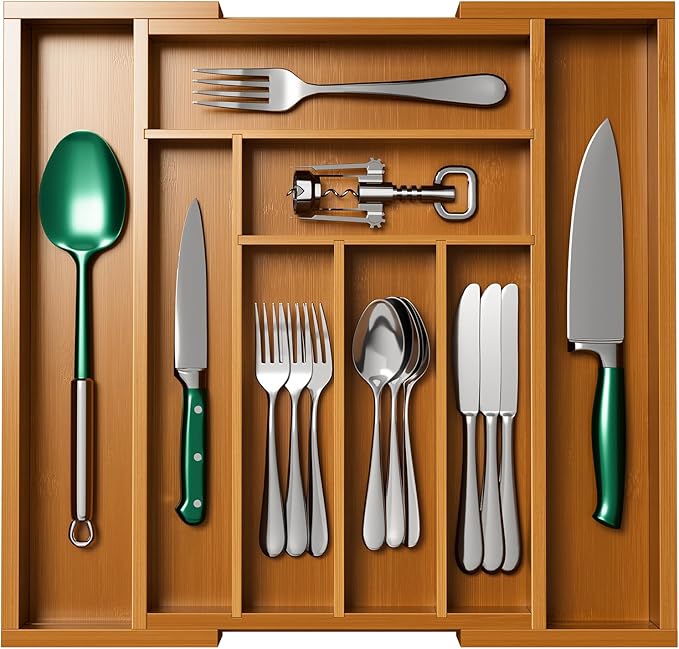 Pipishell Bamboo Expandable Drawer Organizer for Utensils Holder, Adjustable Silverware Organizer Cutlery Tray, Drawer Dividers for Utensils, Flatware, Knives in Kitchen, Bedroom, Living Room(M-Brown)