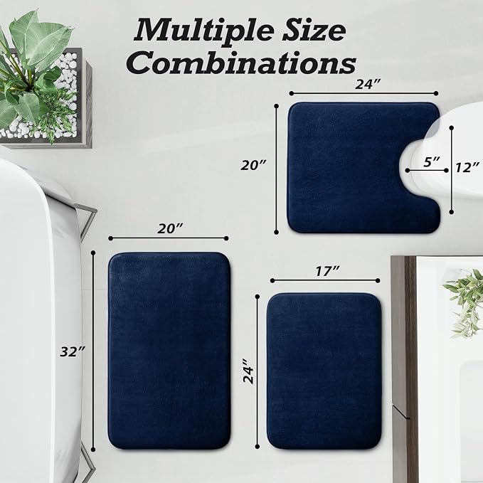 HUXMEYSON Bathroom Rugs Sets 3 Piece, Non-Slip & Quick Dry Bath Mat Set, Ultra Soft Velvet Bath Rugs for Bathroom, Toilet and Shower Floor, Navy