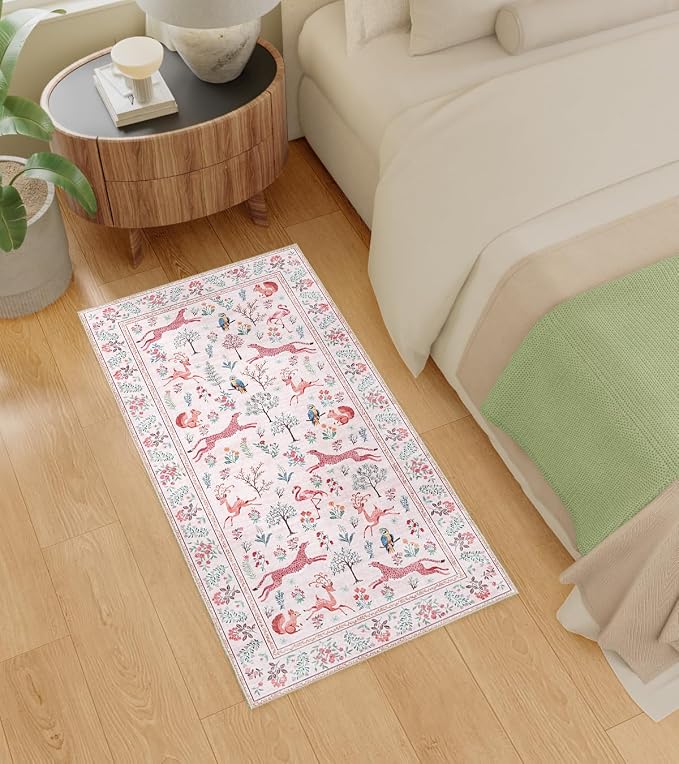 DUKINO 2x4 Rug for Hallway, Washable Kitchen Runner Rug with Non Slip Backing, Soft Low Pile Vintage Animal Runner for Bedroom, Kitchen, Hallway, Entryway, Laundry, Pink